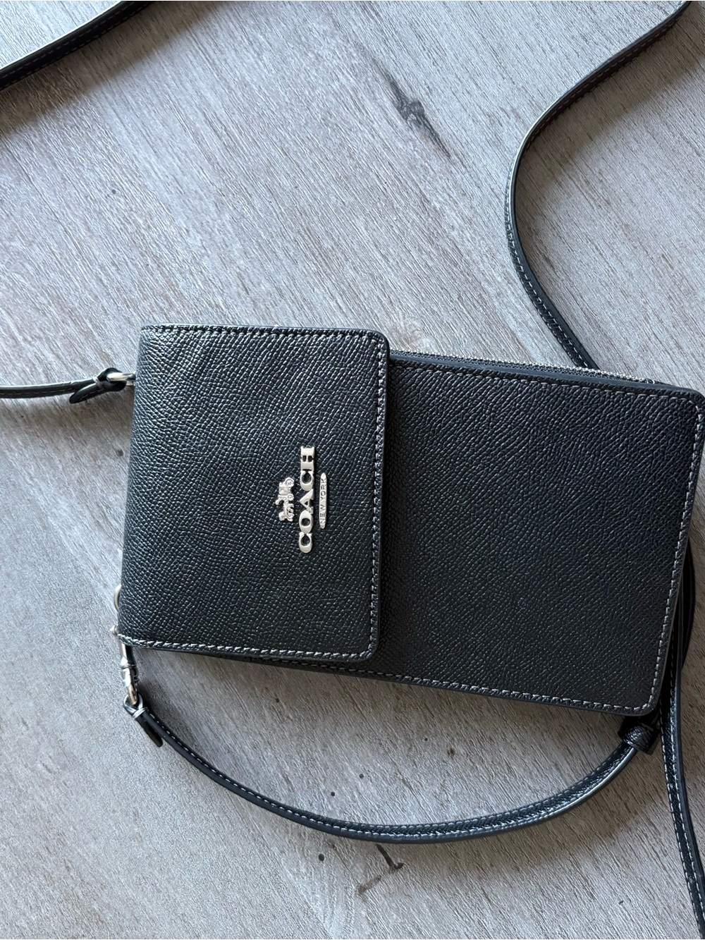 COACH Black Textured Leather Crossbody Wallet with Silver Logo